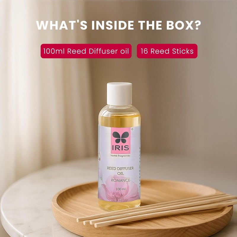 IRIS Home Fragrances Reed Diffuser Refill Pack with 100ml Diffuser Oil and 16 Reed Sticks - A 24hr Aromatic Experience, Truly maintainance Free (Romance) - Image 2