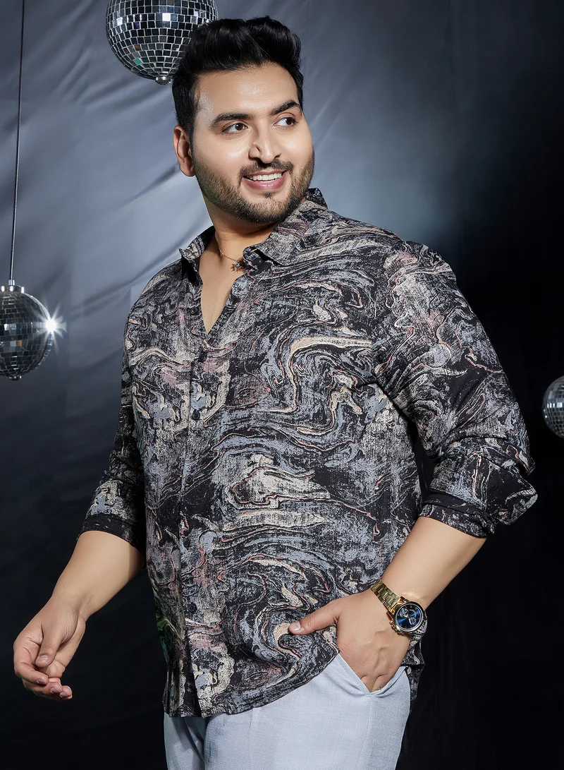 Instafab Plus Instafab Plus Men's Charcoal Black Futuristic-Fluid Shirt For Casual Wear | Spread Collar | Long Cuffed Sleeves | Button Closure | Plus Size Shirt Crafted With Comfort Fit For Everyday Wear