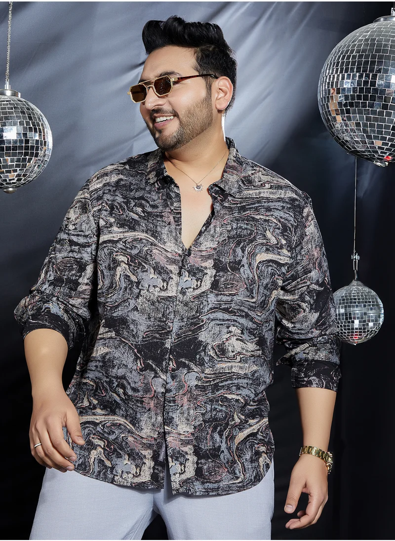 انستافاب بلس Instafab Plus Men's Charcoal Black Futuristic-Fluid Shirt For Casual Wear | Spread Collar | Long Cuffed Sleeves | Button Closure | Plus Size Shirt Crafted With Comfort Fit For Everyday Wear