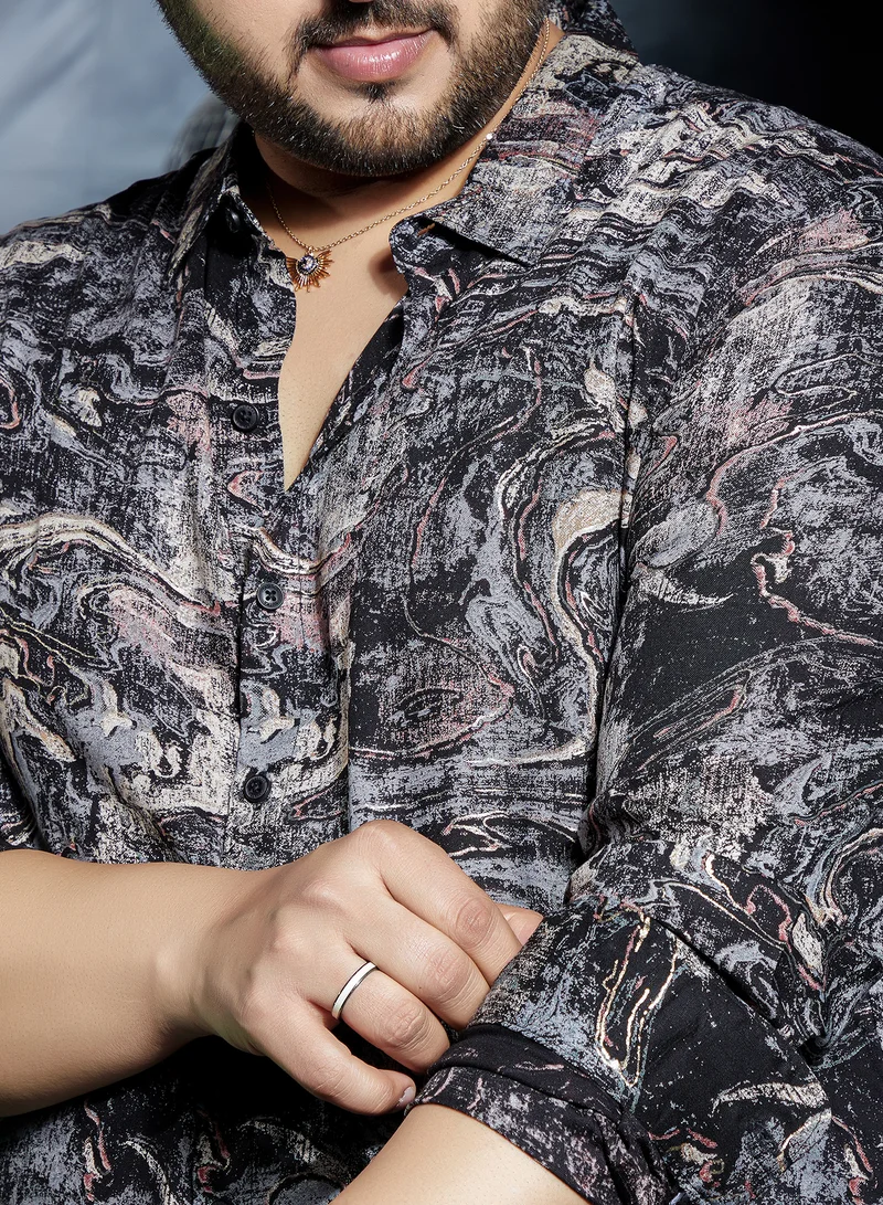Instafab Plus Instafab Plus Men's Charcoal Black Futuristic-Fluid Shirt For Casual Wear | Spread Collar | Long Cuffed Sleeves | Button Closure | Plus Size Shirt Crafted With Comfort Fit For Everyday Wear