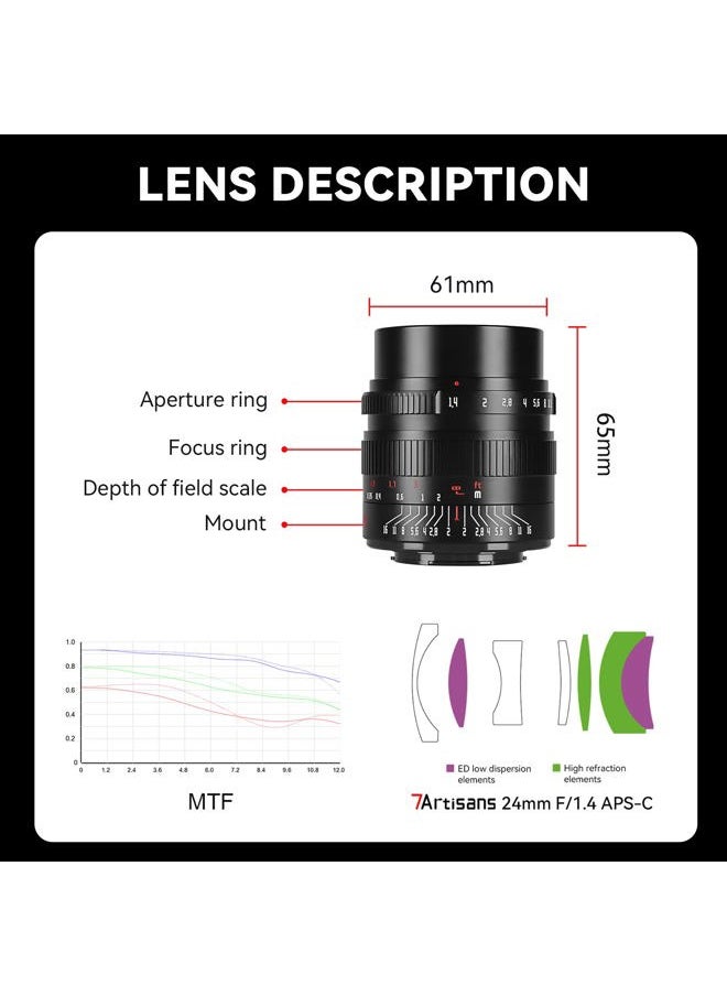 7artisans - 24mm F1.4 APS-C Manual Prime Lens Large Aperture Compatible for Fujifilm FX Mount Mirrorless Cameras X-A1 X-A10 X-A2 X-A3 A-at X-M1 XM2 X-T1 X-T10 X-T2 X-T20 X-Pro1 X-Pro2 X-E1 X-E2 E-E2s - Image 1
