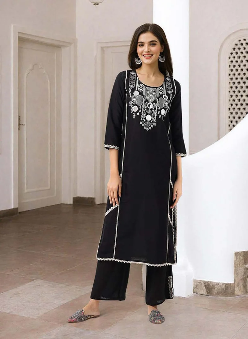 ISHIN Women's Black Roman Silk Embroidered Tunic Upper With Full Palazzo Regular Fit 2 Piece Kurta Set