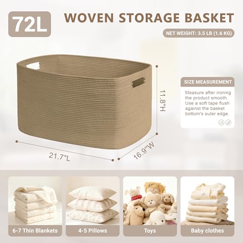 SunNewt 72L Large Wicker Laundry Basket for Living Room Storage,Boho Woven Cotton Rope Baskets for Kids Toy,Gifts,Square Blanket Hamper for Bedroom Dirty Clothes,Jute - Image 2