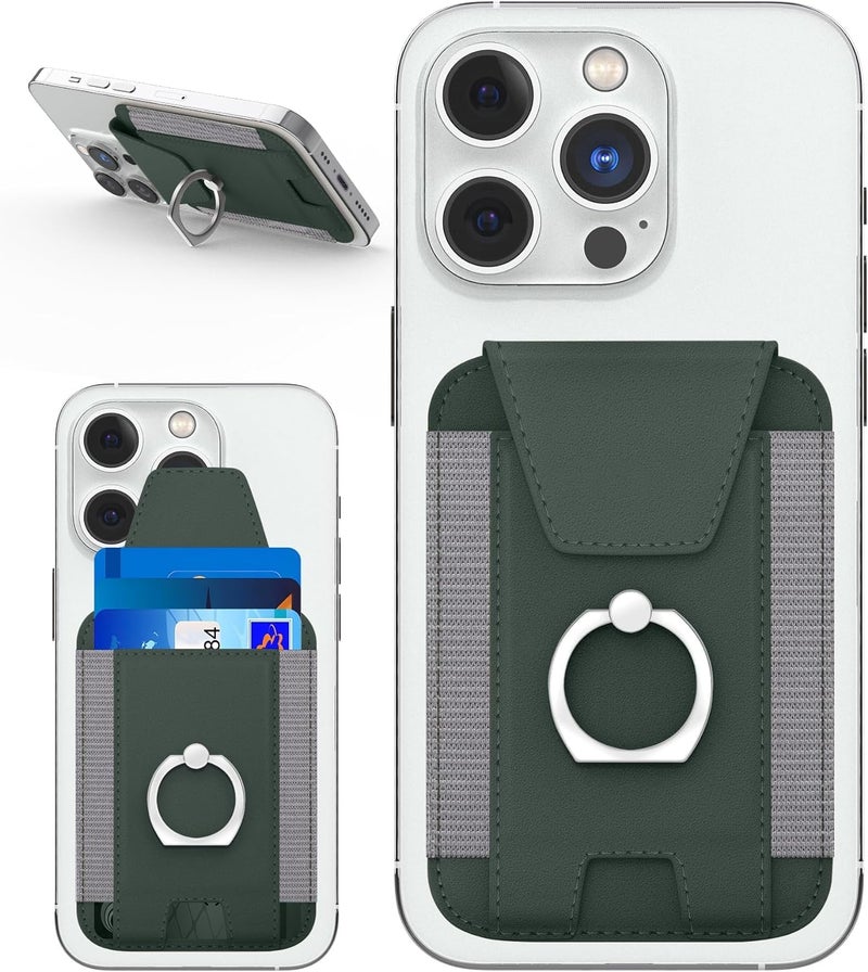 AWH 3-in-1 Magnetic Wallet with Card Holder & Phone Ring, Leather Wallet for iPhone 12-15, Dark Green, 7-Card Holder - Image 1