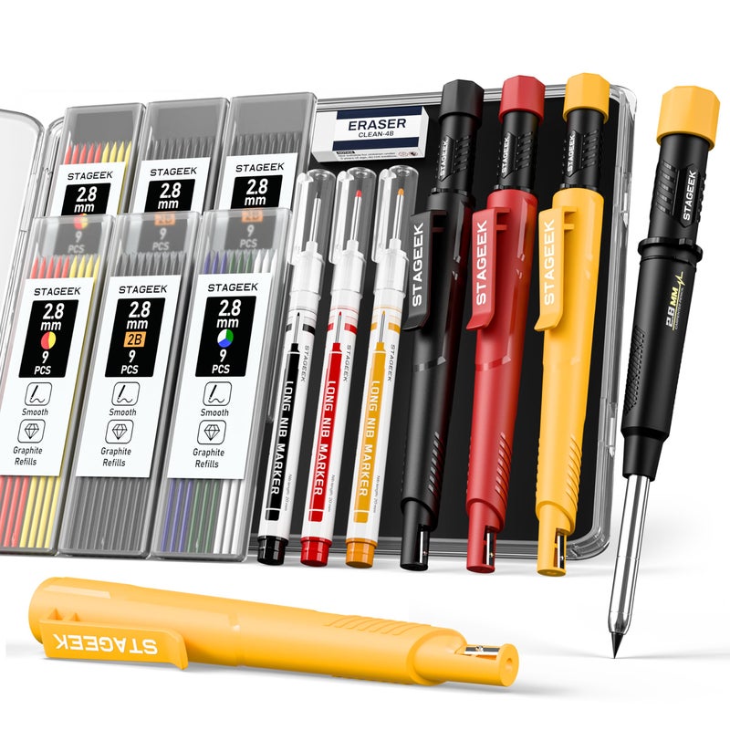 STAGEEK 3 Pack Carpenter Pencils with Sharpener, Mechanical Carpenter Pencils with 57 Refills, construction pencil heavy duty Woodworking Tools, Deep Hole Long Nib Marker Pens for Architect Marking - Image 1