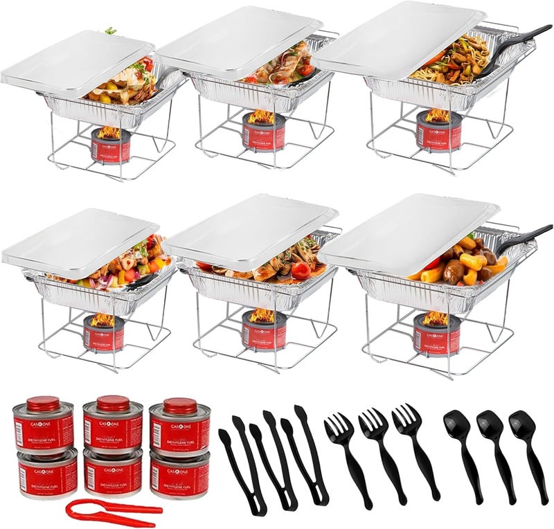 Alpha Living 6 Pack - Disposable Chafing Dish Buffet Set, Half Size Pans, Welded Body Food Warmers for Parties, Fuel Cans Complete Set, Warming Trays - Image 1