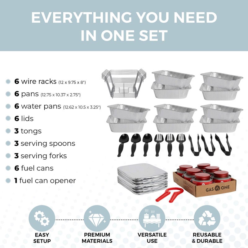 Alpha Living 6 Pack - Disposable Chafing Dish Buffet Set, Half Size Pans, Welded Body Food Warmers for Parties, Fuel Cans Complete Set, Warming Trays - Image 4
