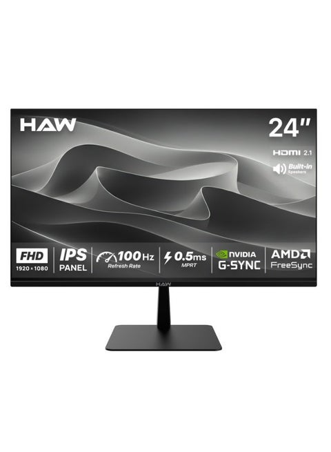 شاشة ألعاب HAW F24IPX بحجم 24 بوصة، بدقة FHD (1920×1080)، لوحة IPS، معدل تحديث 100 هرتز، زمن استجابة 0.5 مللي ثانية (MPRT)، متوافقة مع G-Sync وFreeSync، مزودة بسماعات مدمجة، شاشة مسطحة، مناسبة للكمبيوتر وأجهزة الألعاب – اللون الأسود