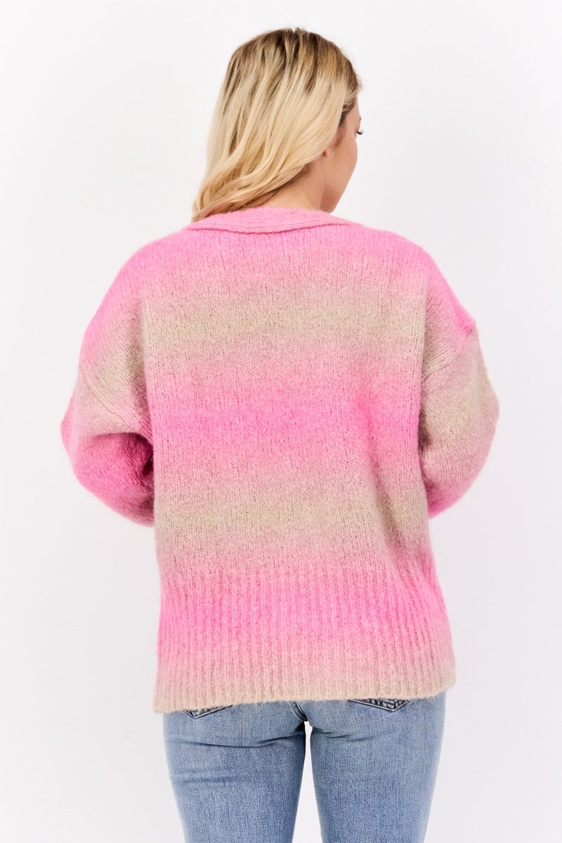 HUGO BOSS Women V Neck Ombre Pattern Sweaters, Pink - Image 3