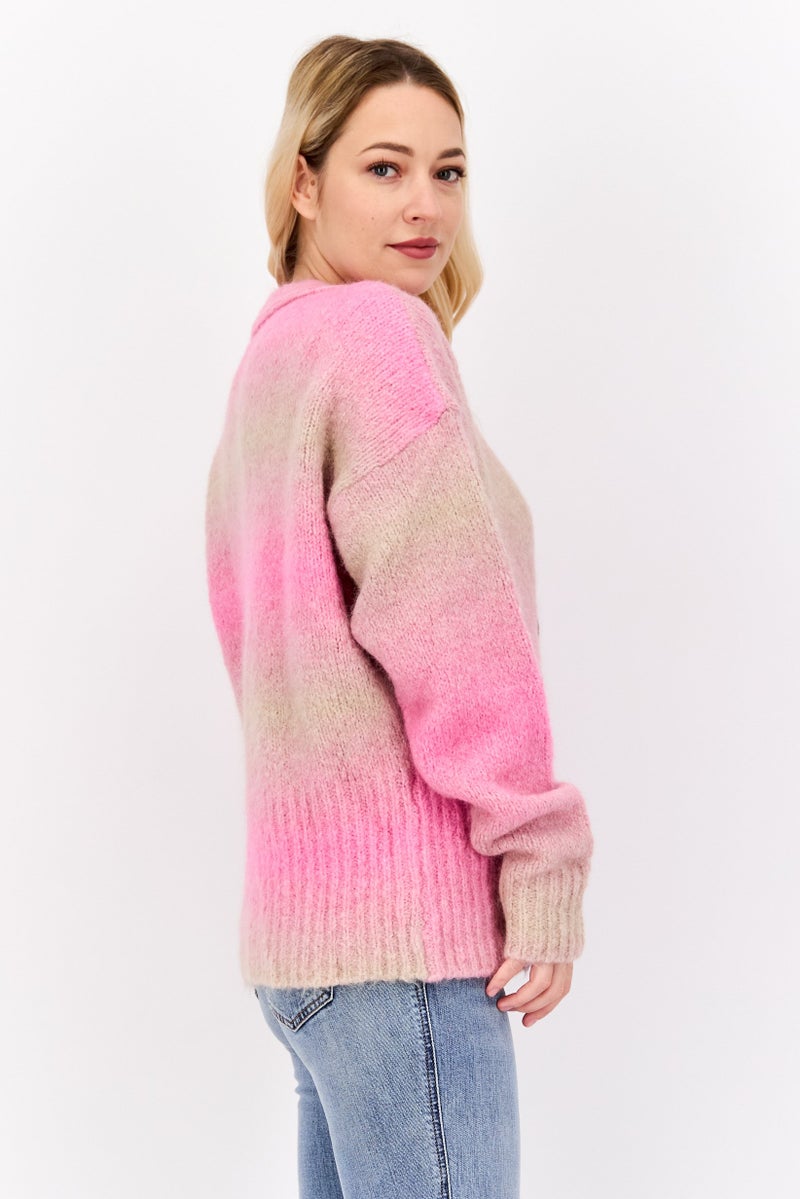 HUGO BOSS Women V Neck Ombre Pattern Sweaters, Pink - Image 2