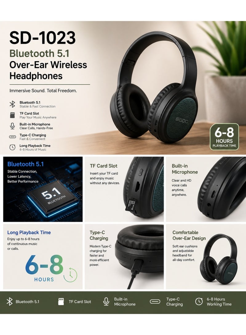 سودو SD-1023 سماعات رأس لاسلكية بلوتوث 5.1 فوق الأذن مع ميكروفون وفتحة بطاقة TF، أسود - Image 3