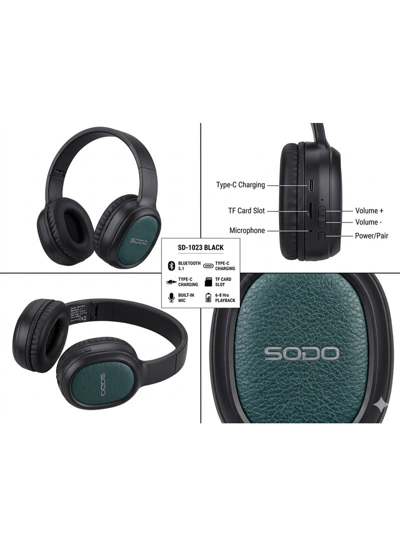 سودو SD-1023 سماعات رأس لاسلكية بلوتوث 5.1 فوق الأذن مع ميكروفون وفتحة بطاقة TF، أسود - Image 2