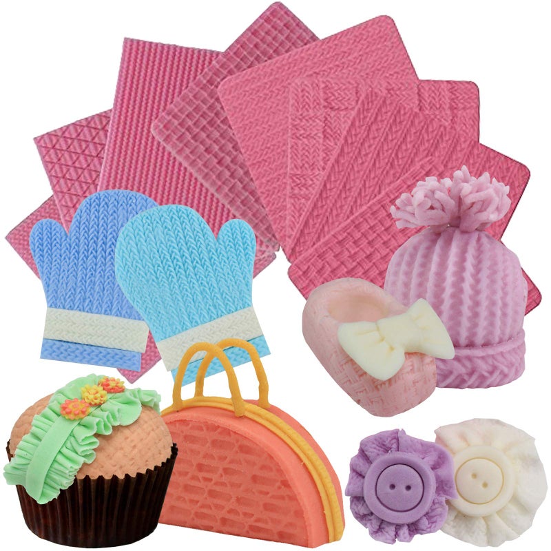FUNSHOWCASE Funshowcase Weave Knitting Silicone Mold Texture Stamp Mat 8inSet Bundle for Sugarcraft Cake Border Decoration Cupcake Topper Polymer Clay Soap Wax Making Crafting Projects 