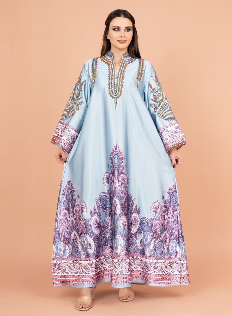 اكسا جلابية لامعة بالكريستال والطباعة  أزرق - Image 1