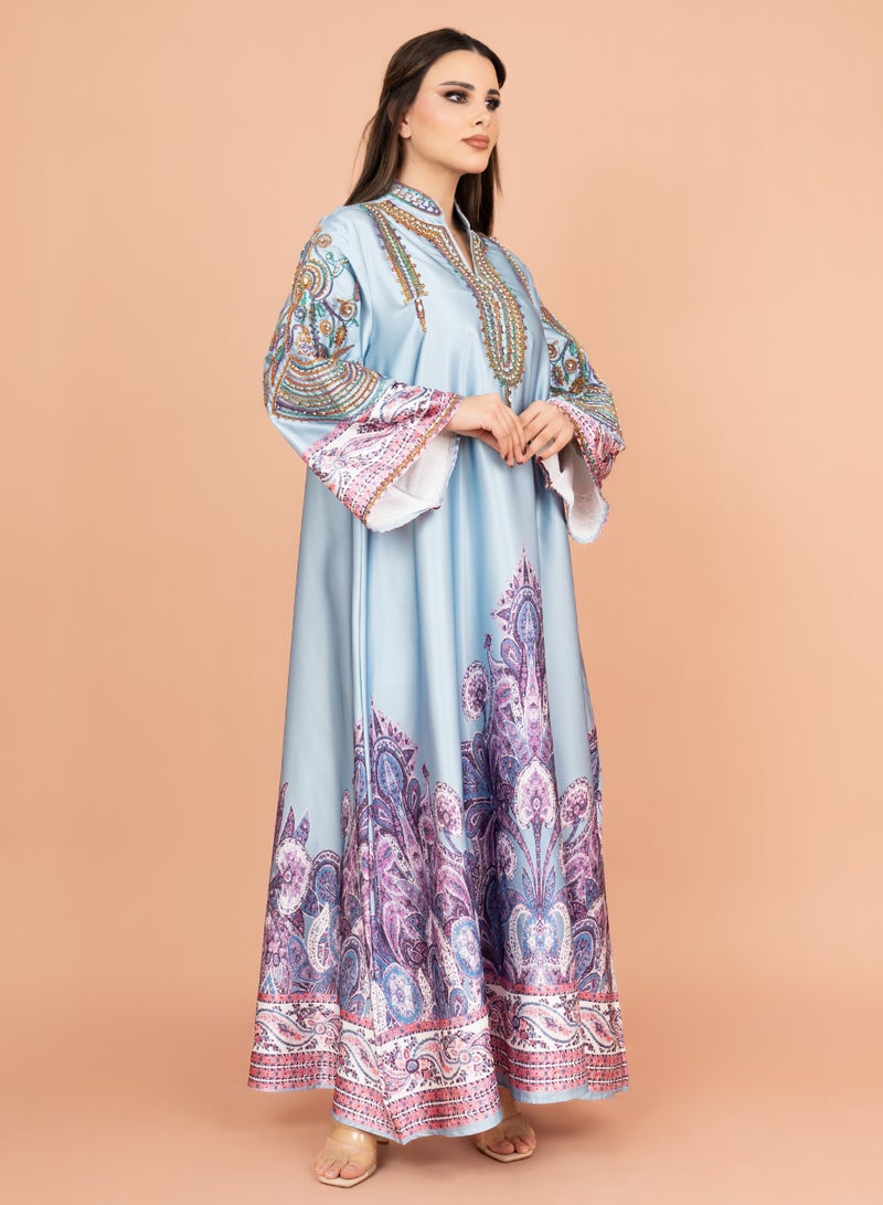 اكسا جلابية لامعة بالكريستال والطباعة  أزرق - Image 3