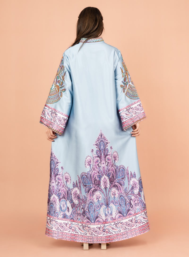 اكسا جلابية لامعة بالكريستال والطباعة  أزرق - Image 4