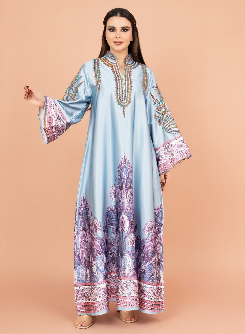اكسا جلابية لامعة بالكريستال والطباعة  أزرق - Image 5