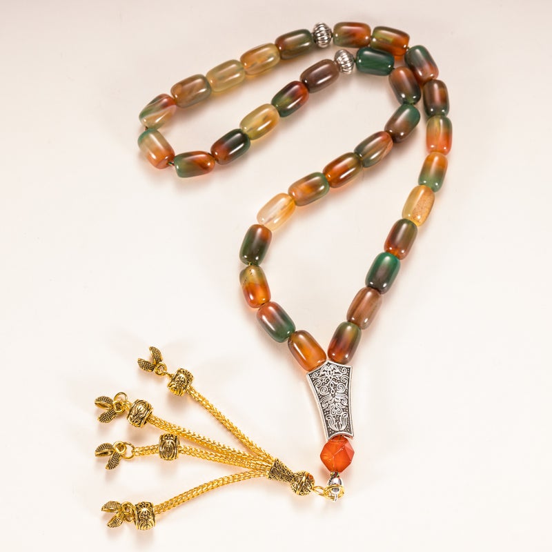 TranquilBeads Peacock Green Agate Prayer Beads 33 Beads 13x8mm for Men, Handmade Tasbih Misbaha Worry Beads, Stress Relief Fidget Beads, Rosary Style Necklace, Eid Ramadan Gift for Him - Image 3