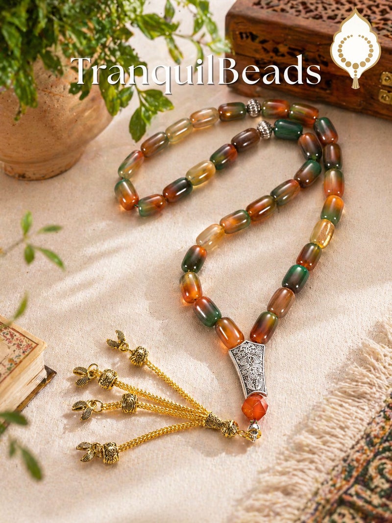 TranquilBeads Peacock Green Agate Prayer Beads 33 Beads 13x8mm for Men, Handmade Tasbih Misbaha Worry Beads, Stress Relief Fidget Beads, Rosary Style Necklace, Eid Ramadan Gift for Him - Image 1