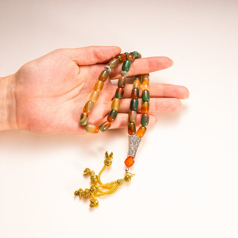 TranquilBeads Peacock Green Agate Prayer Beads 33 Beads 13x8mm for Men, Handmade Tasbih Misbaha Worry Beads, Stress Relief Fidget Beads, Rosary Style Necklace, Eid Ramadan Gift for Him - Image 5