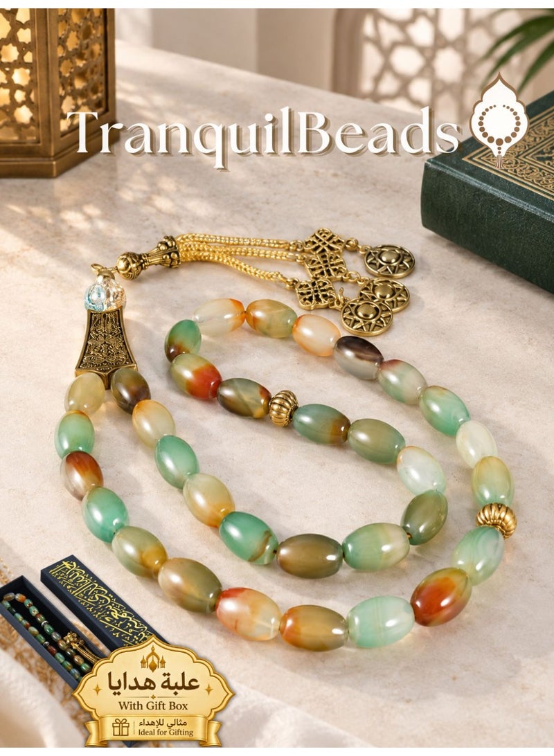 TranquilBeads Peacock Green Agate Prayer Beads 33 Beads 13x8mm for Men, Handmade Tasbih Misbaha Worry Beads, Stress Relief Fidget Beads, Rosary Style Necklace, Eid Ramadan Gift for Him - Image 1