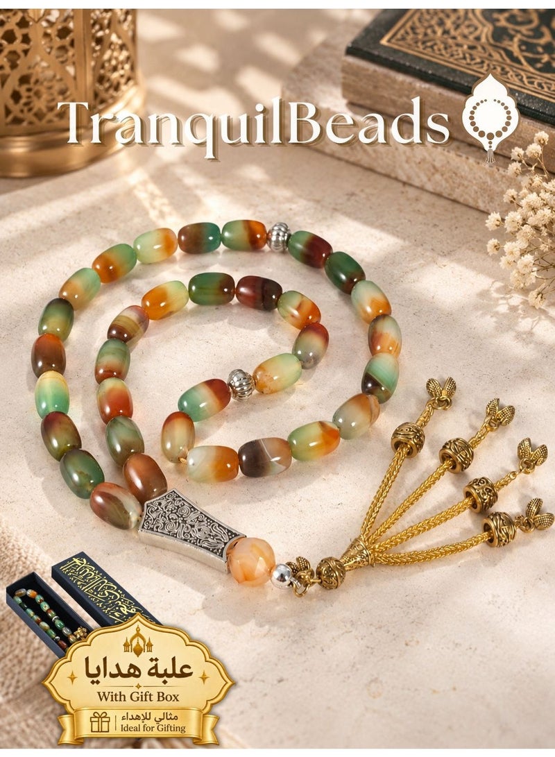 TranquilBeads Peacock Green Agate Prayer Beads 33 Beads 13x8mm for Men, Handmade Tasbih Misbaha Worry Beads, Stress Relief Fidget Beads, Rosary Style Necklace, Eid Ramadan Gift for Him - Image 1