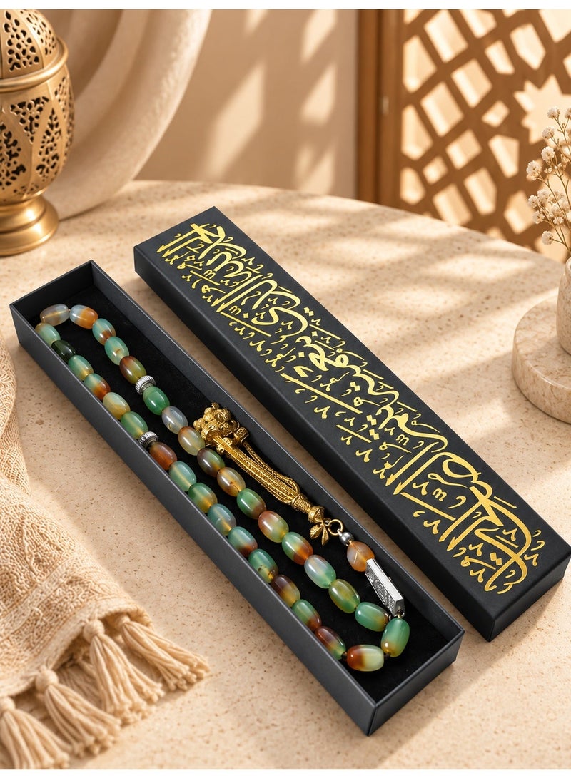 TranquilBeads Peacock Green Agate Prayer Beads 33 Beads 13x8mm for Men, Handmade Tasbih Misbaha Worry Beads, Stress Relief Fidget Beads, Rosary Style Necklace, Eid Ramadan Gift for Him - Image 3