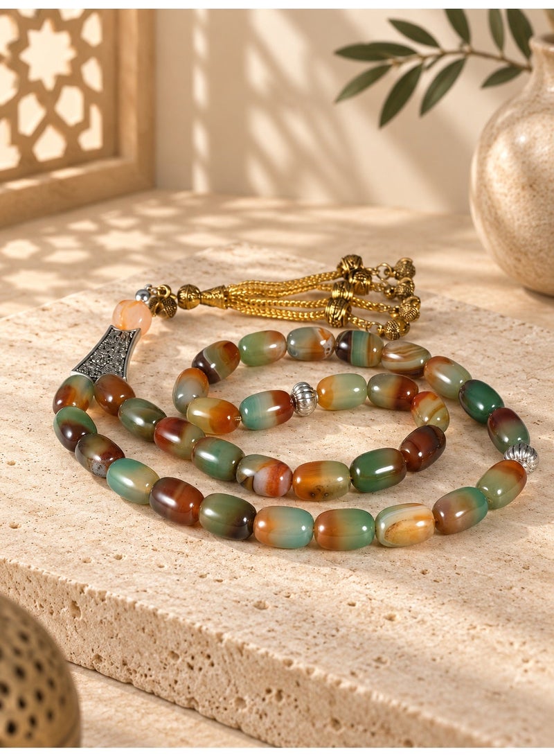 TranquilBeads Peacock Green Agate Prayer Beads 33 Beads 13x8mm for Men, Handmade Tasbih Misbaha Worry Beads, Stress Relief Fidget Beads, Rosary Style Necklace, Eid Ramadan Gift for Him - Image 2