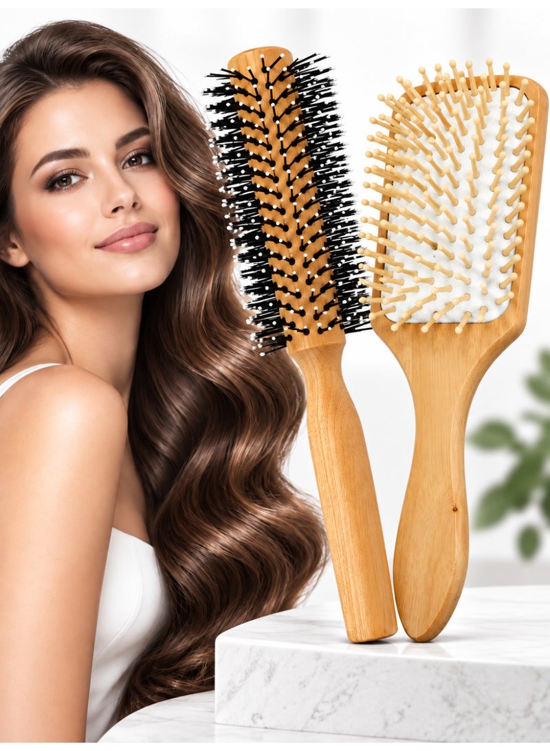 مومنت فرشاة شعر مبلل من الخيزران، قطعتان، فرشاة فك تشابك الشعر، فرشاة خشبية طبيعية عضوية للنساء والرجال والأطفال، تدليك فروة الرأس، مضادة للكهرباء الساكنة، تقلل من تكسر الشعر وتضيف لمعاناً. - Image 1