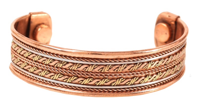 Touchstone Copper Magnetic Hand Forged With Solid And High Gauge Tibetan Minimalistic Elegance Pure Copper Mesmerizing Pattern Bracelet In Triple Tones. - Image 1