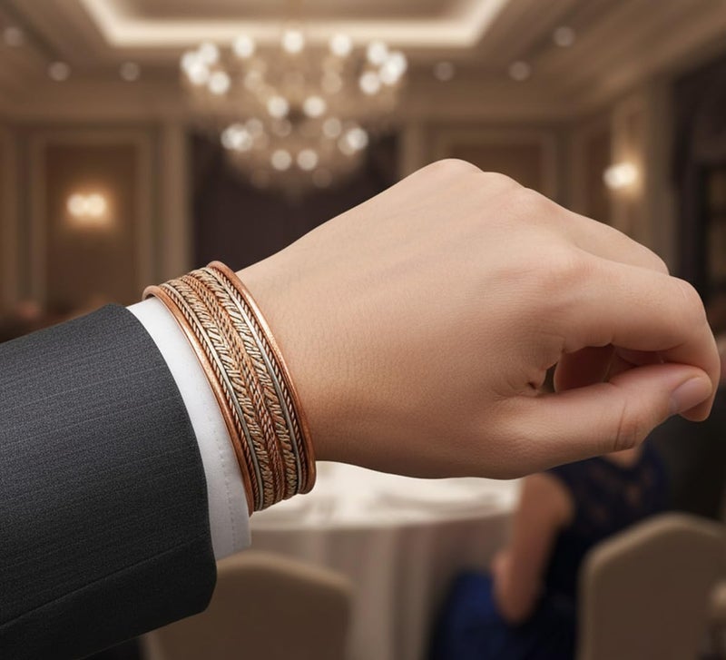 Touchstone Copper Magnetic Hand Forged With Solid And High Gauge Tibetan Minimalistic Elegance Pure Copper Mesmerizing Pattern Bracelet In Triple Tones. - Image 2