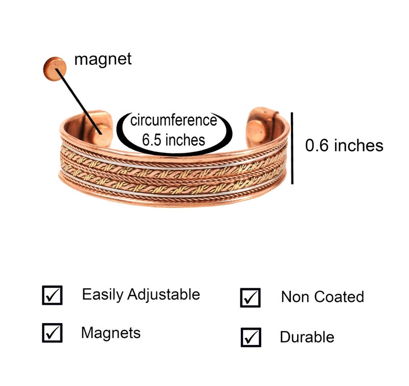 Touchstone Copper Magnetic Hand Forged With Solid And High Gauge Tibetan Minimalistic Elegance Pure Copper Mesmerizing Pattern Bracelet In Triple Tones. - Image 5
