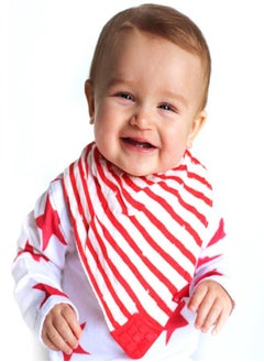Nuby Nuby Reversible 100% Natural Cotton Muslin 3 Piece Teething Bib, Grey/Red/Blue, Arrows/Red Stripes/Elephants  - Image 3