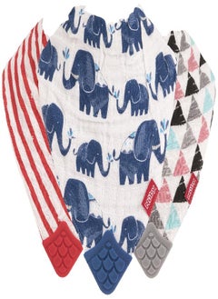 Nuby Nuby Reversible 100% Natural Cotton Muslin 3 Piece Teething Bib, Grey/Red/Blue, Arrows/Red Stripes/Elephants  - Image 1