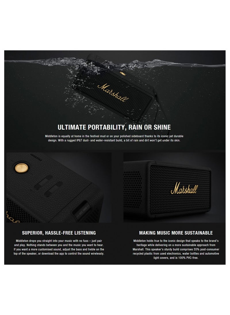 Marshall - Marshall Middleton Portable Bluetooth Speaker, Black and Brass - Image 1