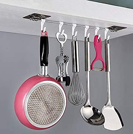 YARAX Plastic Magic Sticker ABS Stainless Steel Series Self Adhesive Bathroom Towel Rail Utensil Rack Kitchen Hanger Hooks for Cup White35 X 7 cm 6 Hooks - Image 4