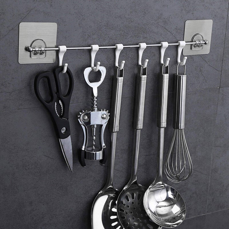 YARAX Plastic Magic Sticker ABS Stainless Steel Series Self Adhesive Bathroom Towel Rail Utensil Rack Kitchen Hanger Hooks for Cup White35 X 7 cm 6 Hooks - Image 1