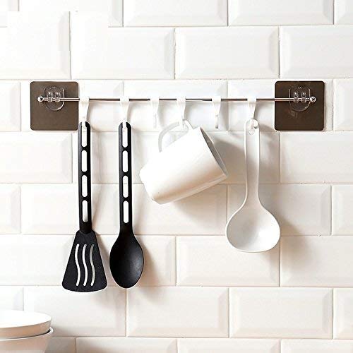 YARAX Plastic Magic Sticker ABS Stainless Steel Series Self Adhesive Bathroom Towel Rail Utensil Rack Kitchen Hanger Hooks for Cup White35 X 7 cm 6 Hooks - Image 3