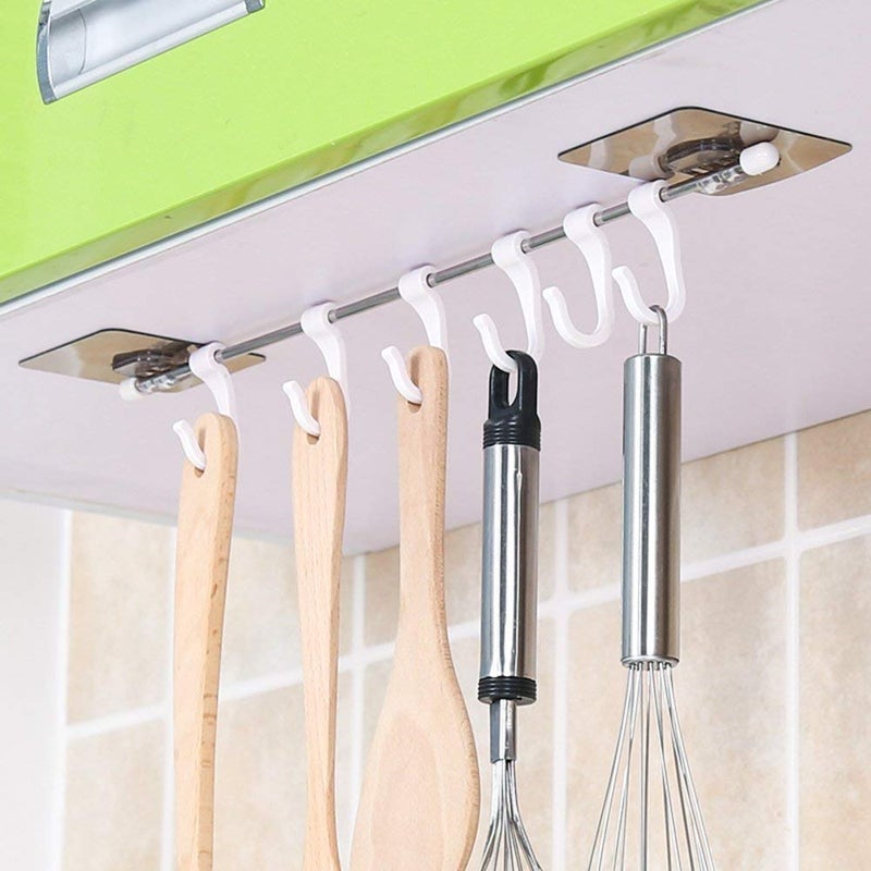 YARAX Plastic Magic Sticker ABS Stainless Steel Series Self Adhesive Bathroom Towel Rail Utensil Rack Kitchen Hanger Hooks for Cup White35 X 7 cm 6 Hooks - Image 2