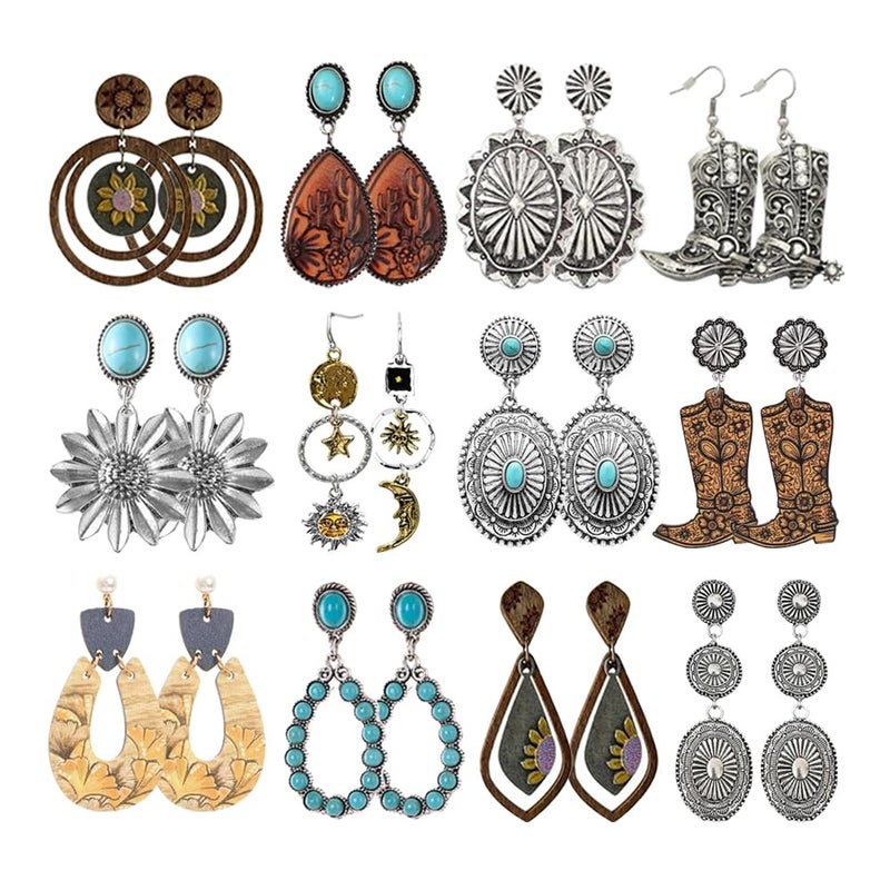 Coolkin 12 Pairs Western Earrings Jewelry for Women Vintage Boho Earrings Oval Turquoise Dangle Earrings Cowgirl Country Concho Dangling Jewelry Set (12 Pairs Western) - Image 1