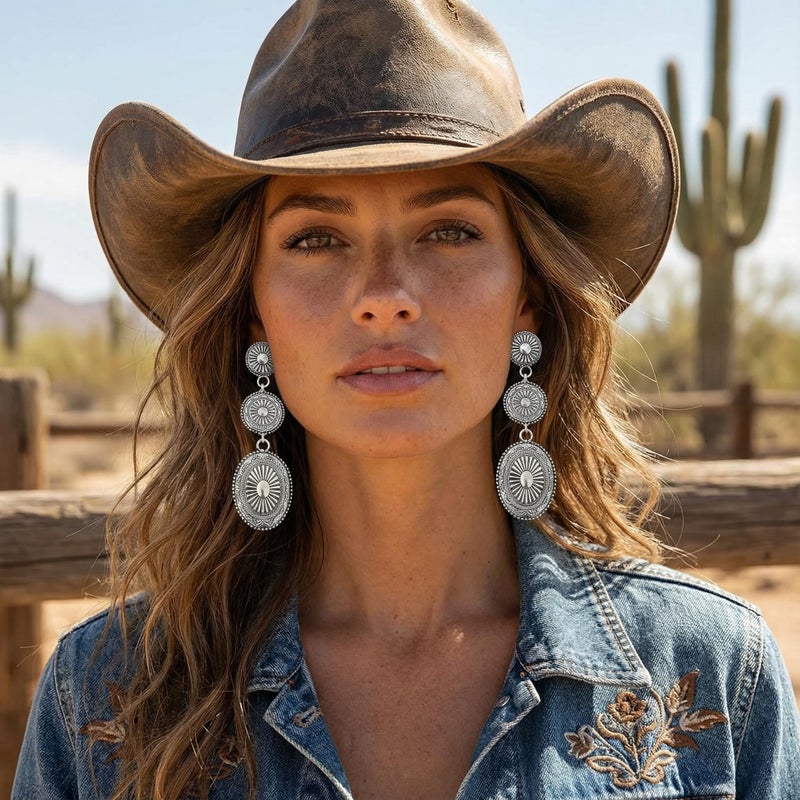 Coolkin 12 Pairs Western Earrings Jewelry for Women Vintage Boho Earrings Oval Turquoise Dangle Earrings Cowgirl Country Concho Dangling Jewelry Set (12 Pairs Western) - Image 4