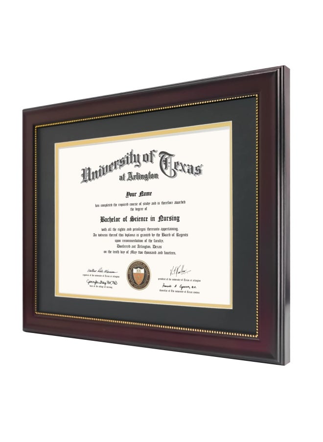 GraduationMall - Graduationmall 8.5X11 Diploma Frame With Black Over Gold Mat Or Display 11X14 Document Without Mat  Uv Protection Acrylic  Mahogany With Gold Beads - Image 1