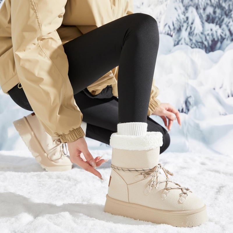 TUOPIN Women's Classic Platform Mini Snow Boots - Faux Suede Slip-On & Lace-Up Winter Booties with Sherpa Lining, Anti-Slip Thick Sole Ankle Boots - Beige.US9 - Image 2