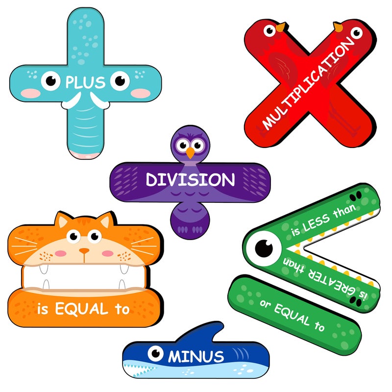 algpty 7 Pieces Math Signs Magnetic for Elementary Math Symbols Greater ThanLess ThanEqual to Alligator Plus Minus Animal Teacher Tools Must Have for Classroom School Supplies Decorations