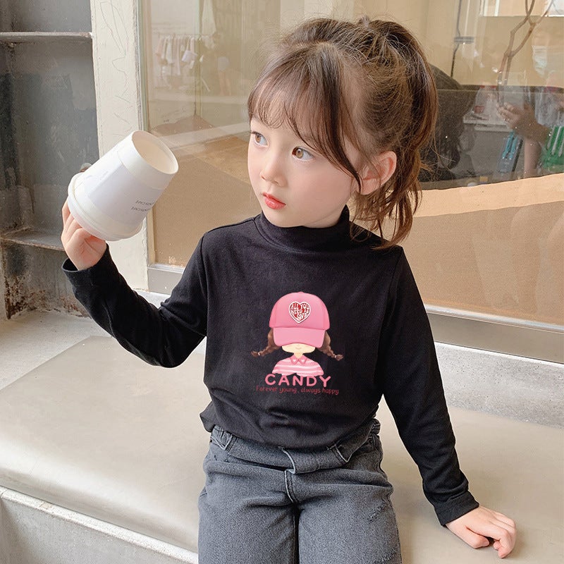 Children'S Base Shirt Half-High Collar Girl'S White Baby'S Long-Sleeved T-Shirt De-Velvet Base T-Shirt - Image 1