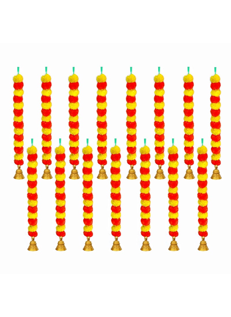iHandikart iHandikart Artificial Fluffy Marigold Garland with Golden Bell in The Bottom Used for Office Home Diwali DecorationsDiwali Gift Colour Yellow Dark Orange Pack of 15 HV31528  - Image 1