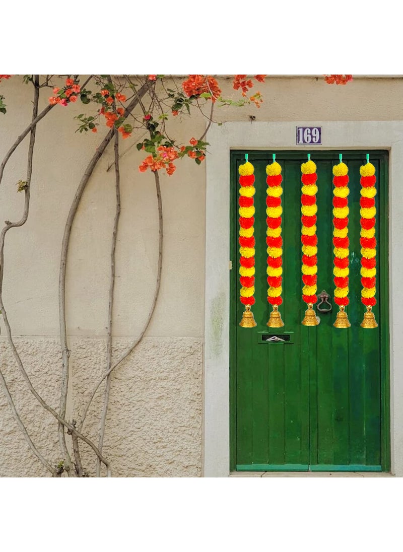 iHandikart iHandikart Artificial Fluffy Marigold Garland with Golden Bell in The Bottom Used for Office Home Diwali DecorationsDiwali Gift Colour Yellow Dark Orange Pack of 15 HV31528  - Image 2