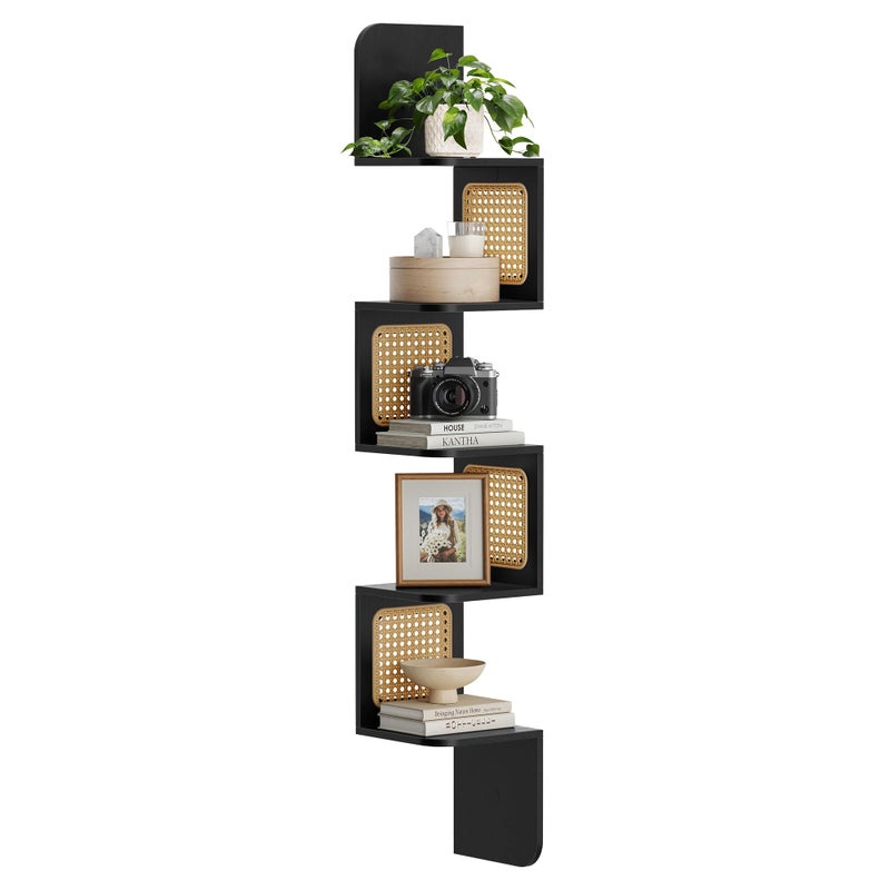 رف زاوية VASAGLE 5 طبقات مثبت على الحائط رف عائم وحدة رف زاوية تصميم متعرج جوانب من الخيزران PVC موفر للمساحة للمطبخ غرفة المعيشة غرفة النوم أسلوب بوهيمي رمادي داكن ULLS582B21
