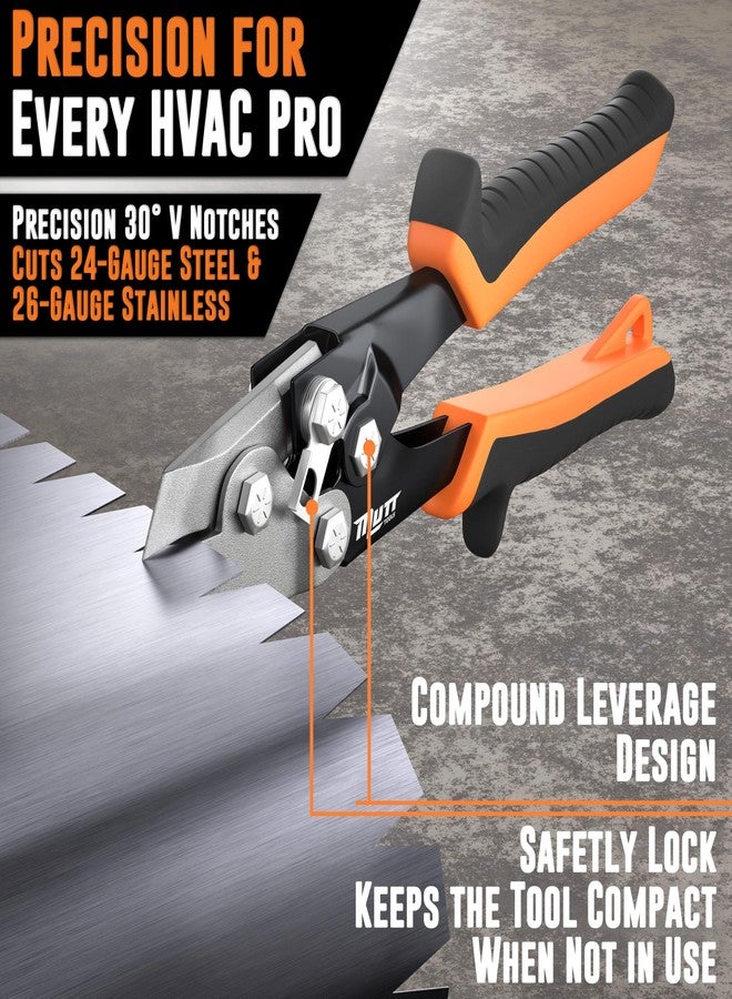AMERICAN MUTT TOOLS أداة قطع الصفائح المعدنية بزاوية 30 درجة من Mutt Tools لأنظمة التدفئة والتهوية وتكييف الهواء - أداة قطع احترافية على شكل حرف V بتصميم زنبركي - قاطع زوايا عالي التحمل لأعمال مجاري الهواء - أداة فولاذية دقيقة مزودة بقفل أمان - Image 2