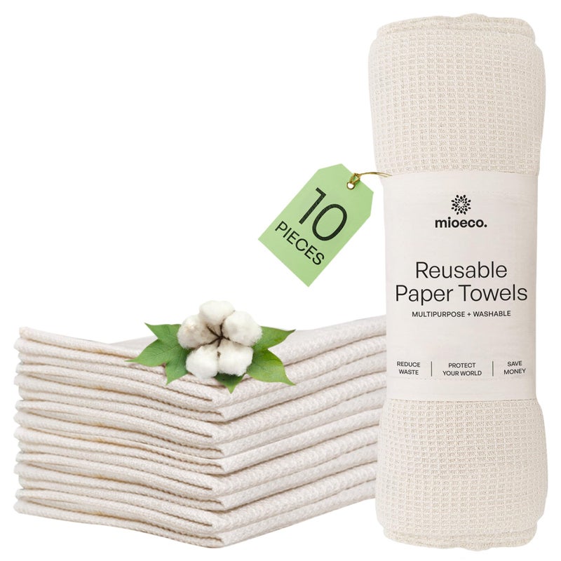 mioeco 10 Pack Kitchen Paper Towels Washable Super Absorbent Natural Paper Towels Natural Cotton Reusable Paperless Kitchen Dish Cloths 100 Organic